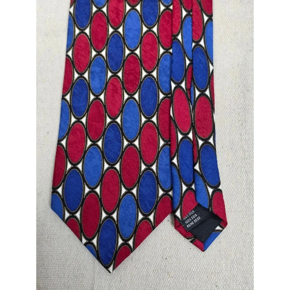Bachrach Mens Silk Necktie Blue‎ Red Geometric Oval Pattern Made in Italy